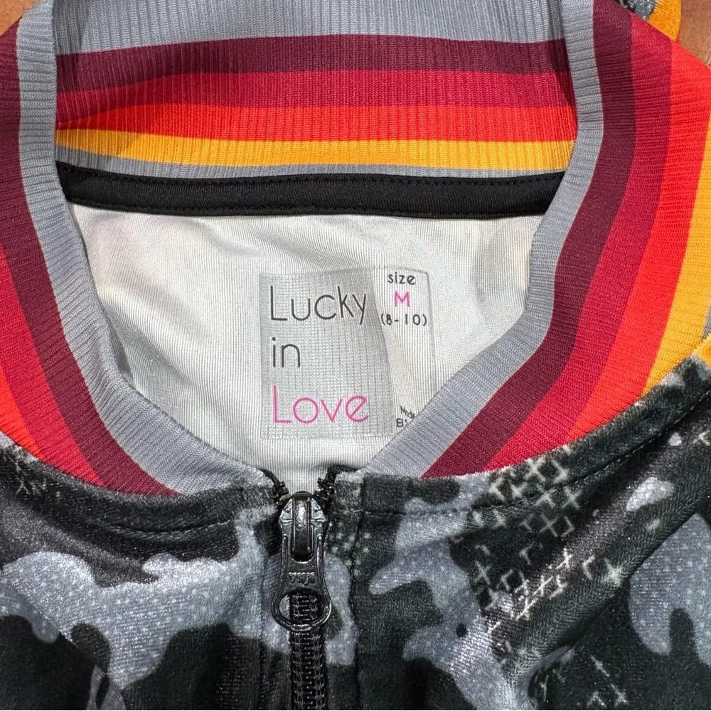 Lucky in Love Velvet Camo Jacket Black Grey Stripe Full Zip Size Medium Tennis - Picture 7 of 9